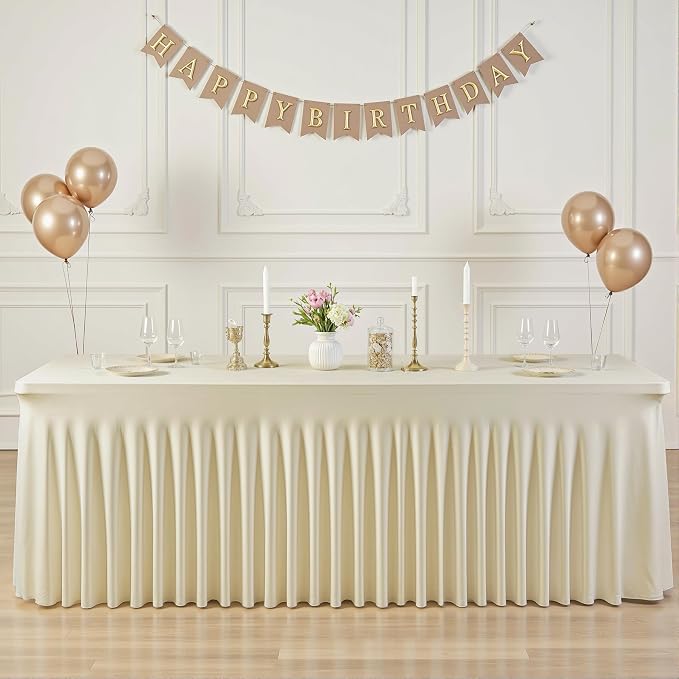 4 Pack 8ft Beige Spandex Tablecloths for Rectangle Tables Wrinkle Free Beige Rectangle Table Cloth Stretch Fitted Table Cover with Skirt for Wedding Birthday Party Banquet Baby Shower Buffet Event