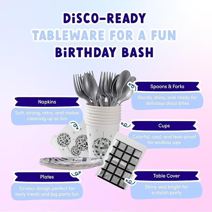 ecoZen Disco Birthday Decorations Set - Sparkly Themed Supplies with Disco Ball Decor, Iridescent Balloons, Tableware, Flatware, Cupcake Liners, Table Cover, Happy Birthday Banner, Party Favor Bags
