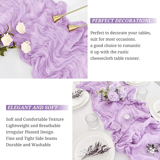16 Pack Cheesecloth Boho Gauze 35120 Inch Rustic Romantic Long Table Runner for Wedding Party Bridal Shower Thanksgiving Christmas Decoration (Lavender)