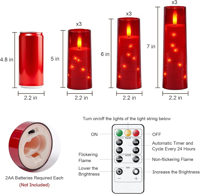 Raycare Independence Day Flameless Candle with Remote Timer – 9 Flickering Acrylic Battery Operated LED Pillar Candles with Embedded Star String for 4th of July Home Patriotic Decor, as a Gift (Red)