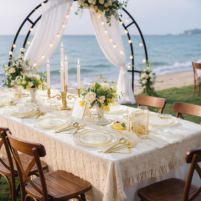 WONDERFUL 350PCS Ivory Plastic Plates for Party Plates Disposable Heavy Duty Ivory Gold Plastic Dinnerware Set for 50 Guests - 100 Disposable Plate,150 Silverware,50 Cup,50 Wedding Napkins for Wedding