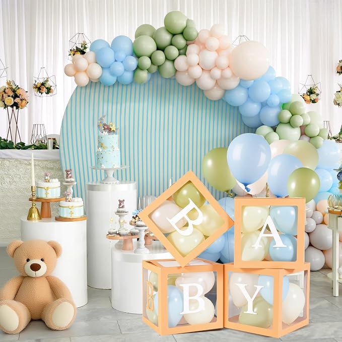 Zhanmai Baby Boxes for Bear Baby Shower Decoration with 4 Letters 36 Balloons 4 Transparent Clear Balloon Box Blocks for Boy Girl Balloon Boxes Gender Reveal Party Favors (Green,Yellow,Blue,White)