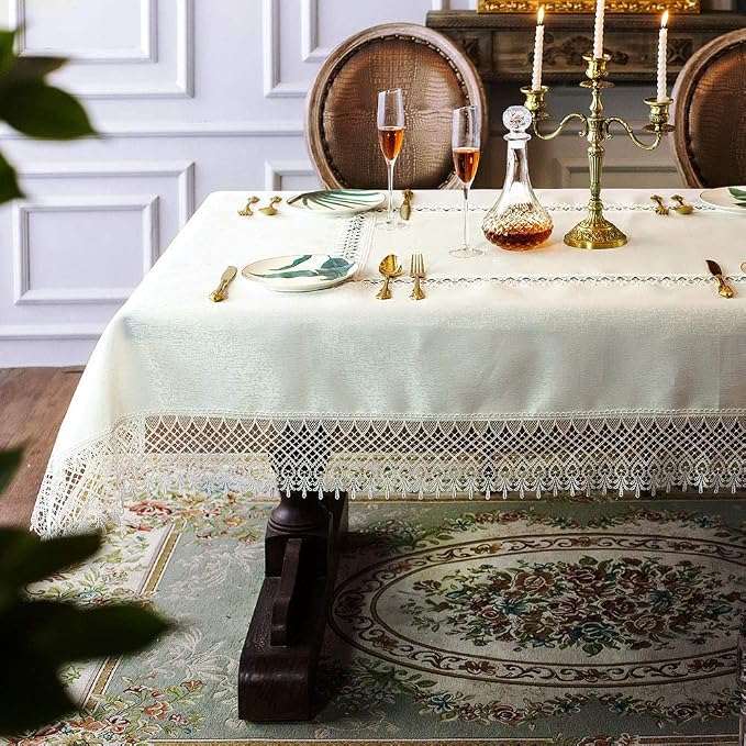 ARTABLE Lace Table Cloths Rectangle Fall Antique Flower Decor Macrame Tablecloth for Outdoor Farmhouse Rustic Kitchen Party Birthday Picnic (Ivory-2, 52 x 70 Inch)