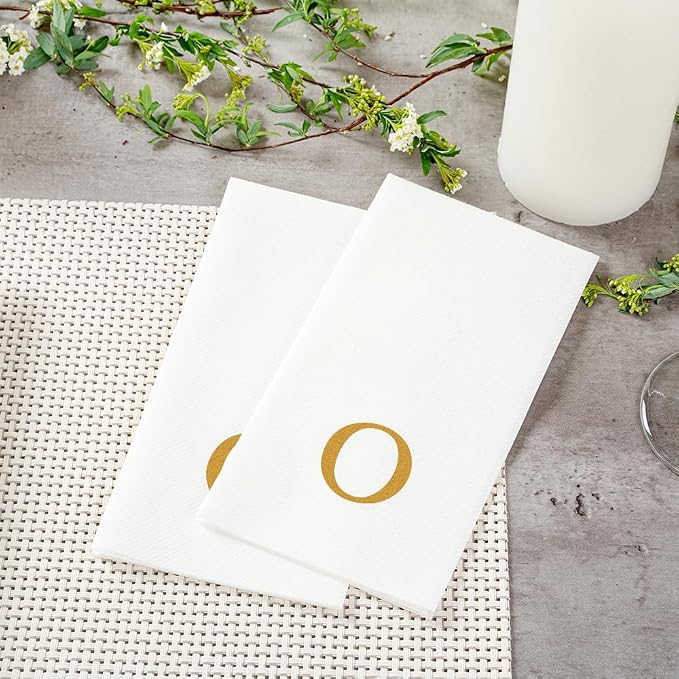 Luxenap 15.8 X 7.9 Inch Linen-Feel Guest Towels, 50 Lettered Hand Towels - Gold Letter 'O', Sans Serif Font, White Paper Dinner Napkins, airlaid, For Restrooms And Tables
