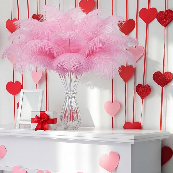 Hanaive 150 Pcs Ostrich Feathers Set Bulk Plumes 12-14 Inch (30-35cm) 70 Pcs Large Ostrich Feathers with 80 Sticks and Tape for DIY Crafts Wedding Home Party Centerpiece Decorations (Pink)