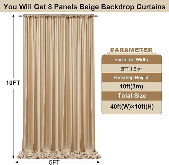 50ft x 10ft Wrinkle Free Beige Backdrop Curtains for Parties Weddings, 10 Panels 5×10ft Soft Silk Polyester Photo Backdrop Drapes for Birthday Baby Shower Baptism Photo Photography Background Cloth