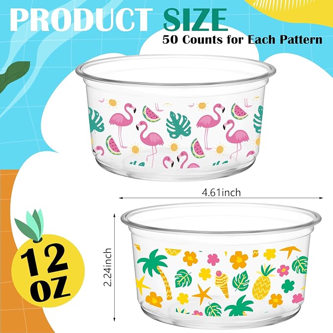 SiliFine 100 Pcs 12 oz Hawaiian Clear Plastic Bowls Disposable Luau Party Bowls Bulk Flamingo Dessert Cups with Palm Leaf for Wedding, Birthday, Home or Tropical Party Supplies