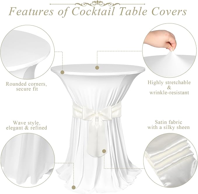Kochorie 4 Set Cocktail Table Covers with Satin Sash, 32 x 43 Inch Round Cocktail Table Skirt, Spandex Stretch High Top Tablecloth for Wedding Banquet Birthday Party Decorations, (White, Ivory)