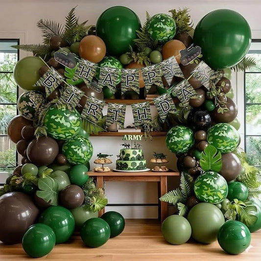 Camo Balloon Arch Garland Kit Double Stuffed Dark Green Brown Black Balloon Latex Sage Olive Green Black Balloons for Dinosaur Birthday Woodland Jungle Hunting Theme Camo Baby Shower Party Decor