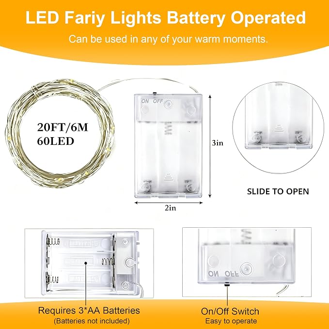 8 Pack LED Fairy Lights Battery Operated 20FT 60 LEDs Silver Wire String Lights Twinkle Lights Starry Fairy Lights for Bedroom Christmas Wedding Party Indoor Outdoor Decor, Warm White + Cool White