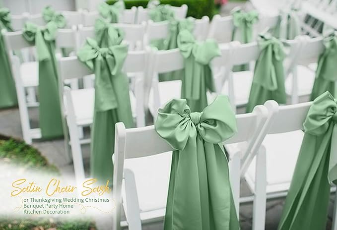 120 PCS Sage Green Satin Chair Sashes, Ties Bows Designed Chairs Decorative, Chair Cover Sashes for Thanksgiving Wedding Christmas Banquet Party Home Kitchen Decoration (7 x 108 inch)