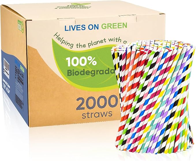 Disposable 7.75" Colorful Paper Drinking Straws Bulk 2000 Counts, 10 Assorted Colors, Eco & Compostable - for Cocktail, Holiday Party, Restaurant, Bar Supply