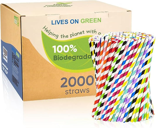 Disposable 7.75" Colorful Paper Drinking Straws Bulk 2000 Counts, 10 Assorted Colors, Eco & Compostable - for Cocktail, Holiday Party, Restaurant, Bar Supply