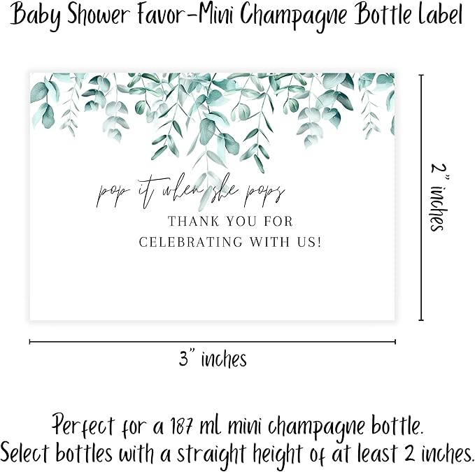 Pop It When She Pops Mini Bottle Stickers | 12 Count | 2”x 3” Size | Champagne Bottle Stickers | Baby Shower Party Favors | White with Greenery Design