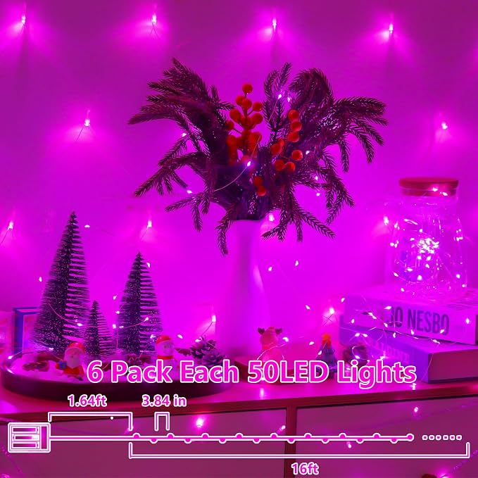 YEGUO Fairy Lights Battery Operated, 6 Packs Each 16ft 50 LED Fairy Lights Battery Operated, Christmas Lights Indoor for Bedroom Wedding Party Holiday Gift(Pink)