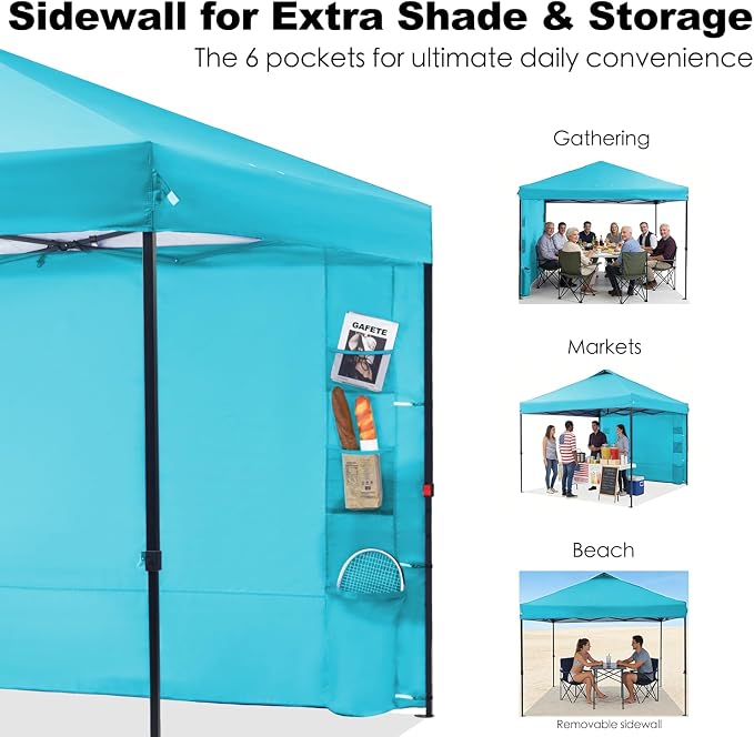 GAFETE 10×10 Pop Up Canopy Tent with 1 Pockets Sidewall, Easy up Sun Shade with One Push Setup, Portable Instant Outdoor Canopy Tent for Events Parties Camping with Carrying Bag (Cerulean, 10x10 FT)