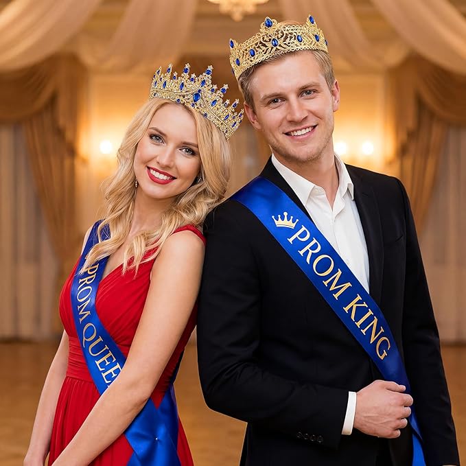 Retrowavy 4 Pcs Prom King and Queen Crown Set with Sashes Prom King Queen Sash and Tiara Set for 2026 Grad Birthday Carnival Wedding Costume Accessories(RoyalBlue)