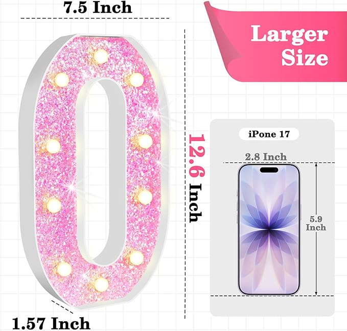 12.6 Inch LED Pink Marquee Light Up Numbers, Sweet 13th Birthday Decorations Number Lights as Gifts for Girls, Glitter Lighted Marquee Numbers for Pink Anniversary Party Table Decor, 13