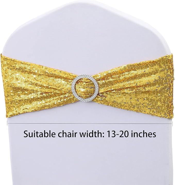 Gold Sequin Chair Sashes 50 Pack Glitter Chairs Bows Bands for Wedding Party Brithday Bridal Shower Engagement Fiestas Events Decorations, Glitter Gold Chair Sash