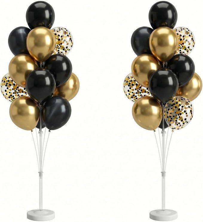 Balloon Column Stand Kit,2 Sets of Assorted Rainbow Balloon Tower Pillar with 10inch Bright Color baloon Reusable Design for Grirls Party,Birthday, Wedding,Baby Shower (Black Gold Confetti)