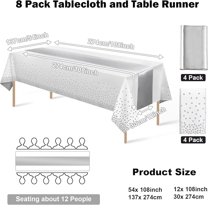 8Pack Disposable Plastic Tablecloths and Satin Table Runner Set White and Silver Dot Tablecloth Silver Satin Table Runner for Wedding Birthday Baby Shower Anniversary Christmas New Year Party Supplies