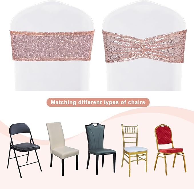 SquarePie Pack of 10 Sequin Chair Sashes Bands Shining Rose Gold Bows for Wedding Banquet Party Decor