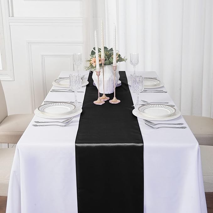 24Pack Table Runner 12 x 108 Inches Satin Silk Table Runner for Wedding, Birthday Party, Banquets, Graduations Decoration, fit Rectange and Round Table-Black