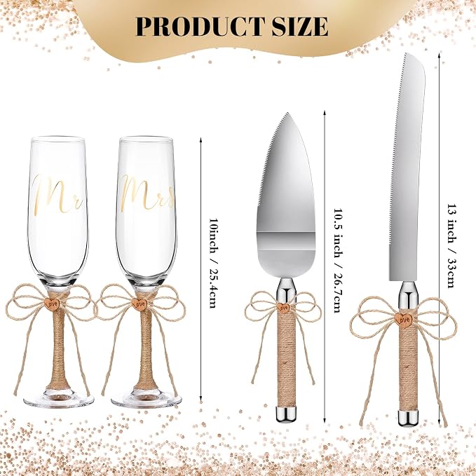 Boao 4 Piece Wedding Toasting Flutes and Cake Server Set Champagne Glasses and Cake Knife Server Set with Burlap Bow Mr and Mrs Flute Wedding Reception Supplies