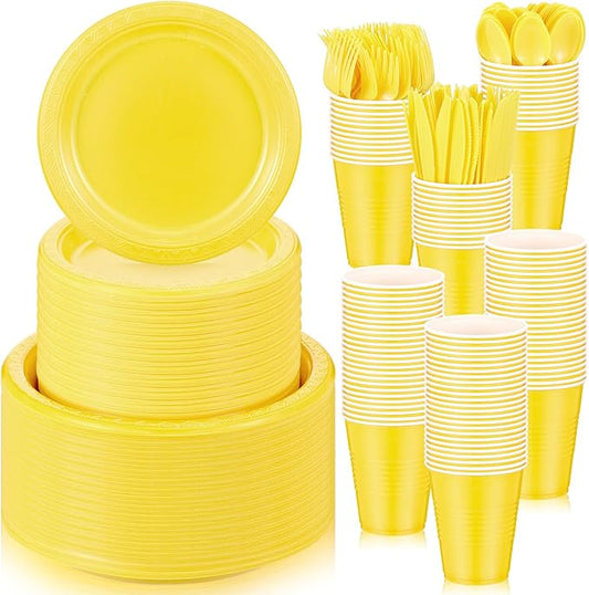 Uiifan 300 Pcs Yellow Plastic Plates and Napkins Party Supplies Plastic Dinnerware Set Include 50 Plastic Dinner Plates 50 Plastic Appetizer Plates 50 Plastic Cups 50 Knives 50 Forks and 50 Spoons