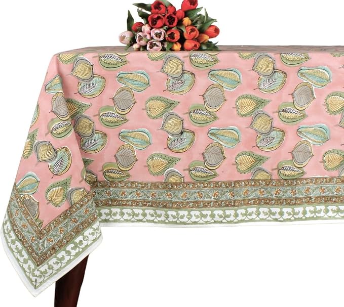 Ridhi Salmon Pink Hand Block Print Cotton Rectangle Tablecloth 108" x 70" inches Reusable Table Cover Decorative Everyday Use for Dining Room, Farmhouse, Home Gift for Spring, Mother's Day