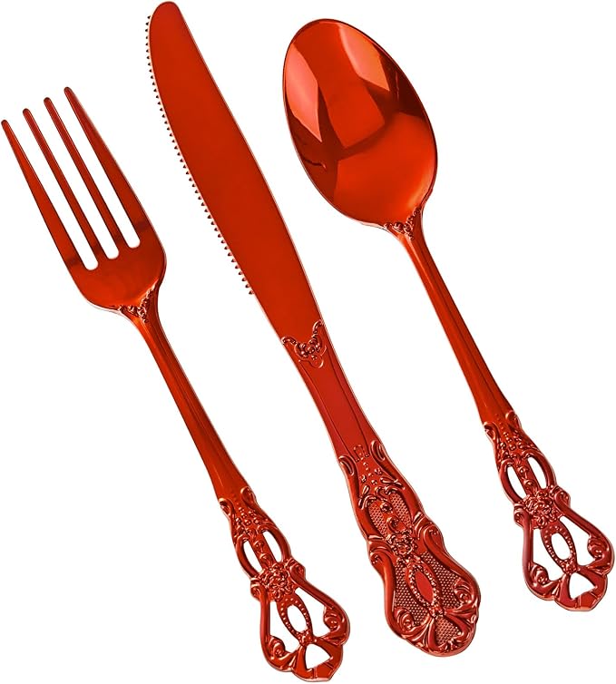 150PCS Red Plastic Silverware - Elegant Disposable Utensils - Heavy Duty Vintage Red Cutlery Sets Includes 50Forks, 50Spoons, 50Knives for Catering Dinner Party Wedding
