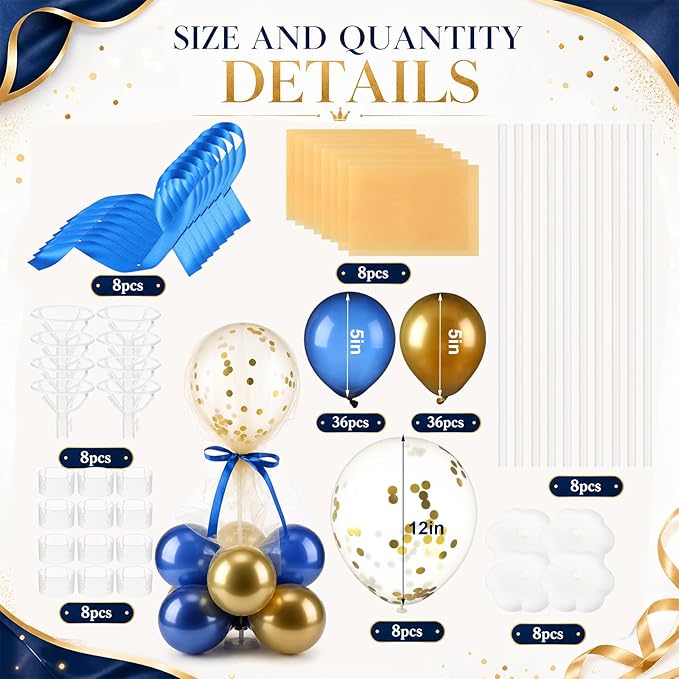 BBTO 8 Set Blue Gold Balloon Centerpieces for Table, Balloons Stand Kit with Base Tulle for Wedding Birthday Grad Prom Centerpieces Party Back to School Baby Shower