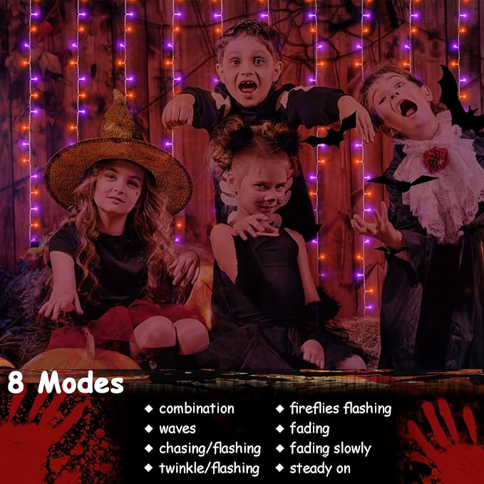 echosari Halloween Curtain Lights Battery Operated, 300 LED Purple Orange Fairy Curtain Lights 9.8Ft x 9.8Ft Hanging Lights with Remote Timer for Party Garden Yard Decor