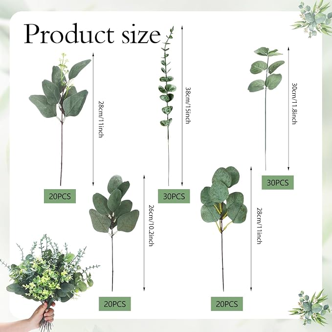 Eucalyptus Leaves Stems 120 PCS, 5 Kinds Mixed Greenery Bulk, Faux Silver Dollar Eucalyptus Stems, for DIY Bouquets Floral Arrangement Wedding