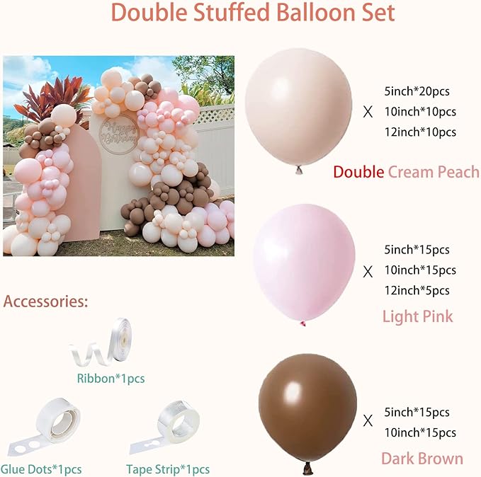 Light Pink Balloons Garland Arch Kit Double Stuffed Matte Pastel Pink Brown Cream Peach Latex Balloon Different Sizes 18 12 10 5In Coffee Ballon for Baby Shower Gender Reveal Birthday Party Decoration