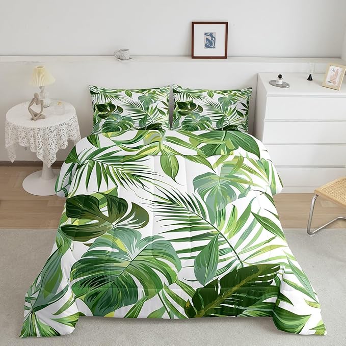 jejeloiu Green Palm Leaf Comforter Set Twin Size Kids Green Tropical Leaves Pattern Bedding Set for Boys Girls Summer Tree Branches Nature Theme Duvet Quilt Room Decor
