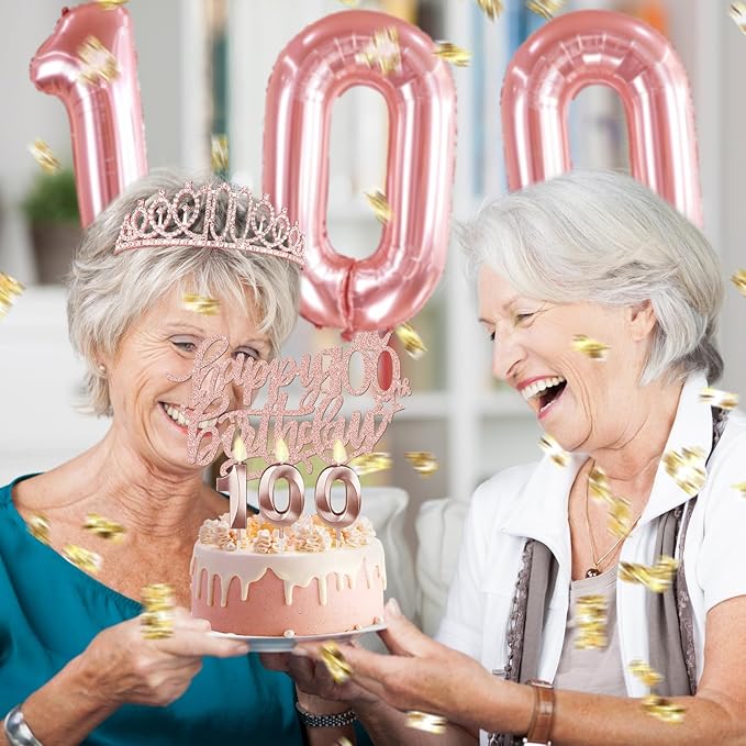 100th Birthday Decorations for Women, Include 100th Birthday Sash and Tiara, Cake Topper and Candles, Number Balloons, 100 Year Old Gifts Women