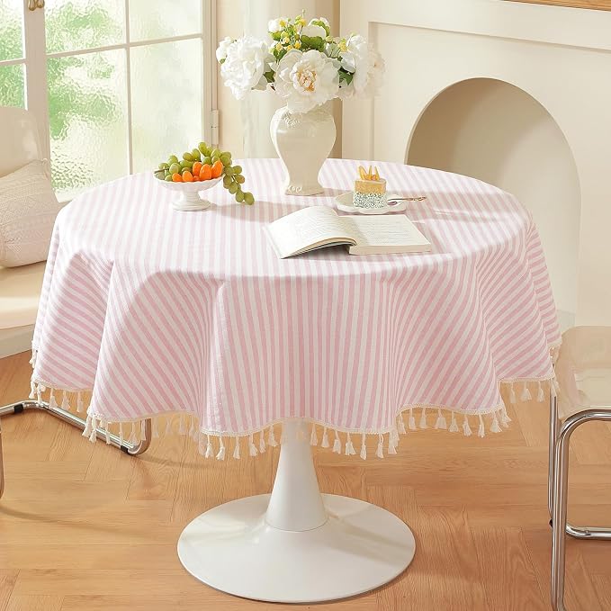 meioro Striped Round Tablecloth, Cotton Blend Fabric Pink Circle Table Cloth with Tassel, Washable Wrinkle Free Table Cover Cute Small Tablecloths for Card Coffee Tables Home Party - Round 47 Inch