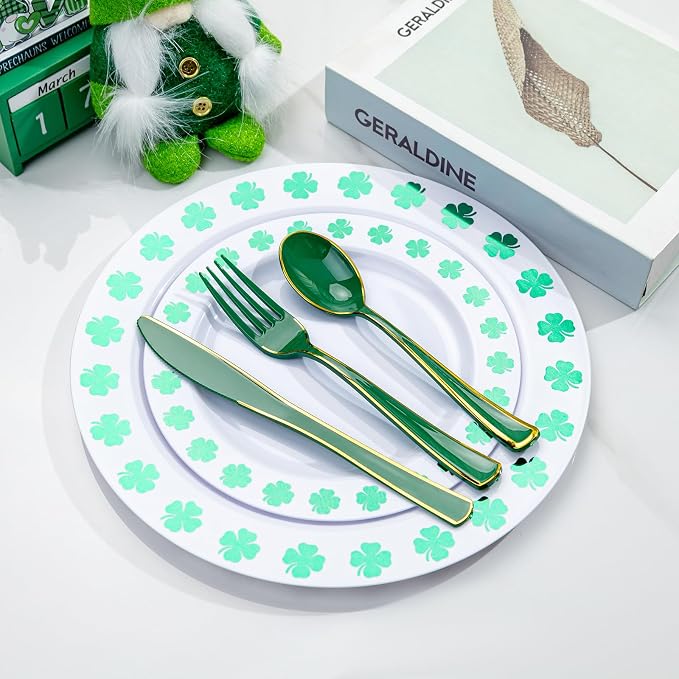 WDF 180PCS Green Plastic Silverware - Green Utensils 60 Forks, 60 Knives and 60 Spoons - Heavy Duty Silverware for Party Supplies/St. Patrick's Day