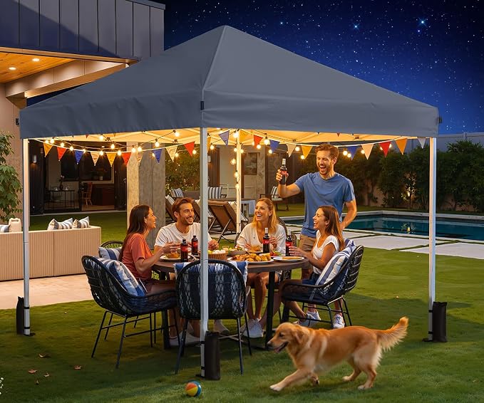 10x10 Pop Up Canopy Tent, Shade Canopy with Carry Bag, Center Lock One Push, 3 Adjustable Height, Outdoor Canopy Tents for Parties, Events & Camping - Dark Gray