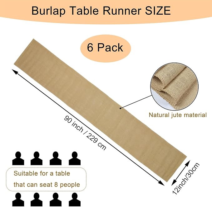 6 Pack 12 x 90 Inch Natural Burlap Table Runners,Rustic Jute Table Runner and Placemats Bulk for Western Wedding Table Decorations,Farmhouse Style Party,Holiday,Kitchen Coffee Table Decor Cover