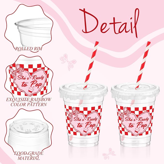 FoldTier 50 Sets Dirty Soda Bar Supplies She's ready to Pop Cups with Lids and Straws 12oz Clear Disposable Plastic Cups with Lids, Red Party Cup for Baby Shower Gender Reveal Party Popcorn Cold Drink
