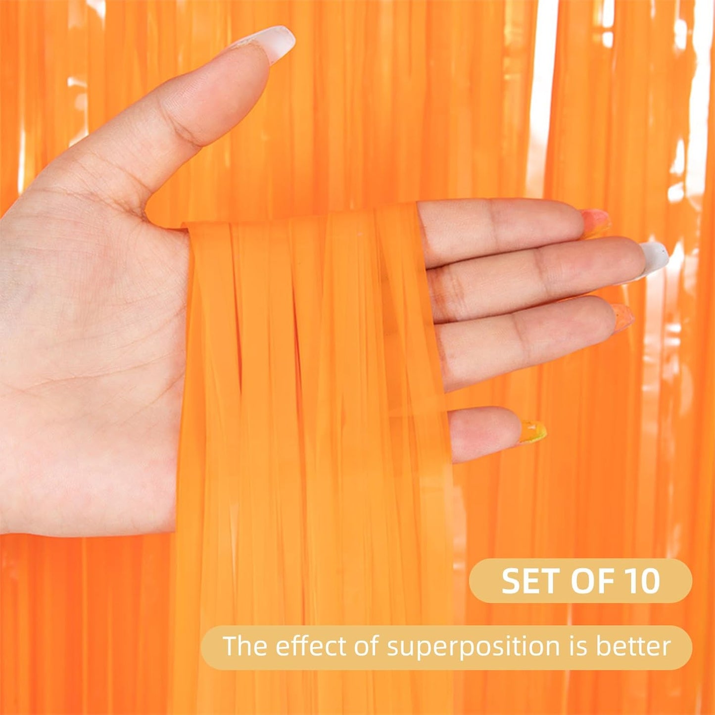 10 Pack Orange Foil Curtain Backdrop 3.2ft x 8.2ft Macaron Tinsel Foil Fringe Curtains Streamer Photo Booth Backdrop for Birthday Party Baby Shower Engagement Wedding Holiday Decor (Macaron Orange)