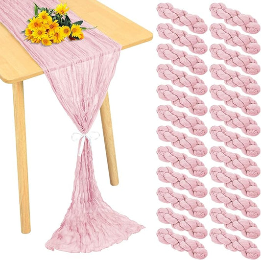24 Pack Cheesecloth Table Runner 20 x 120 inch Cheese Cloth Table Runner Bulk, Romantic Boho Sheer Gauze Fabric Table Runners for Wedding Reception, Party, Bridal Shower Table Decor(Light Pink)