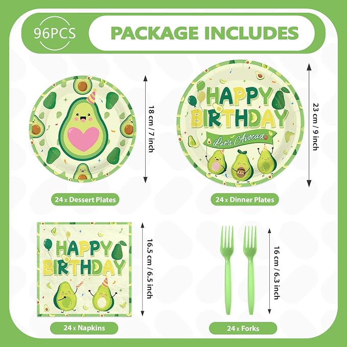96 Pcs Avocado Birthday Party Decorations Fruit Avocados Themed Plates and Napkins Let's Avocado Tableware Sets for Kids Girls Boys Birthday Baby Shower Party Supplies Serves 24