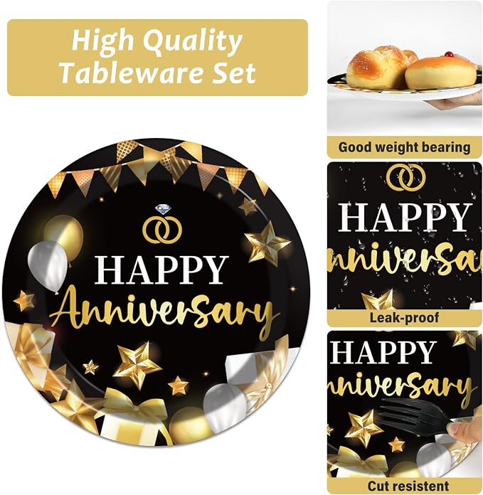 chiazllta 96 Pcs Anniversary Party Paper Plate and Napkins Gold Black Disposable Tableware Wedding Anniversary Party Supplies for 40th 50th 60th Wedding Favors 24 Guests