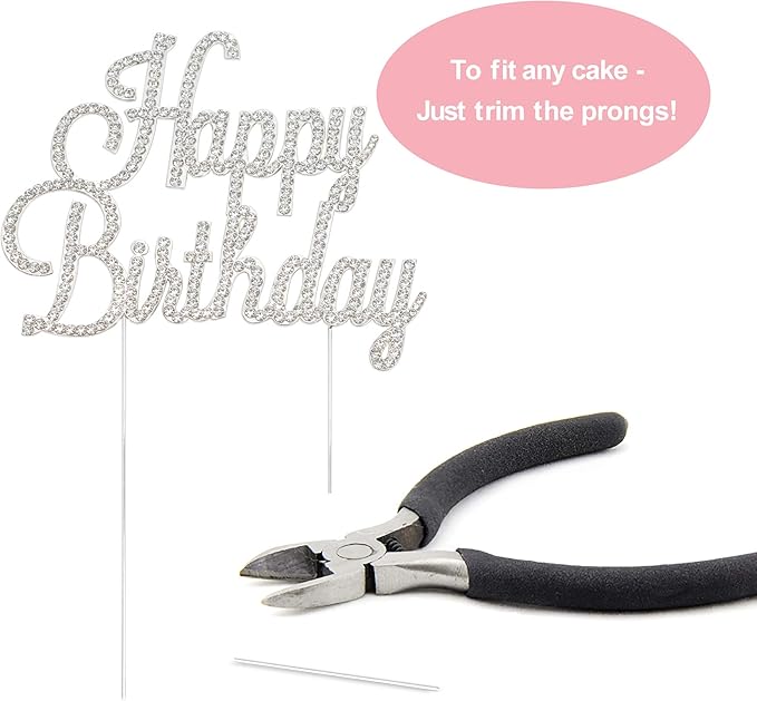Happy Birthday Cake Topper - Premium Silver Metal - Happy Birthday Party Sparkly Rhinestone Decoration Makes a Great Centerpiece - Now Protected in a Box