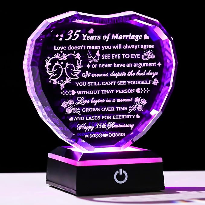 Arikyrist 35th Wedding Anniversary Crystal Heart Gifts for Couple, Laser Engraved 35 Year Anniversary Crystal Gifts for Wife Husband Parents, Romantic 35 Years of Marriage Gift for Him Her Friends