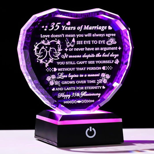 Arikyrist 35th Wedding Anniversary Crystal Heart Gifts for Couple, Laser Engraved 35 Year Anniversary Crystal Gifts for Wife Husband Parents, Romantic 35 Years of Marriage Gift for Him Her Friends