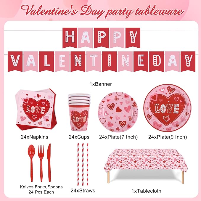 Valentine's Day Heart Love Disposable Tableware Set 194 Pcs Serves 24, Romantic Paper Plates Cups Napkins Forks Spoons Knives for Valentine’s Day Party, Wedding Reception, Anniversary Dinner Supplies